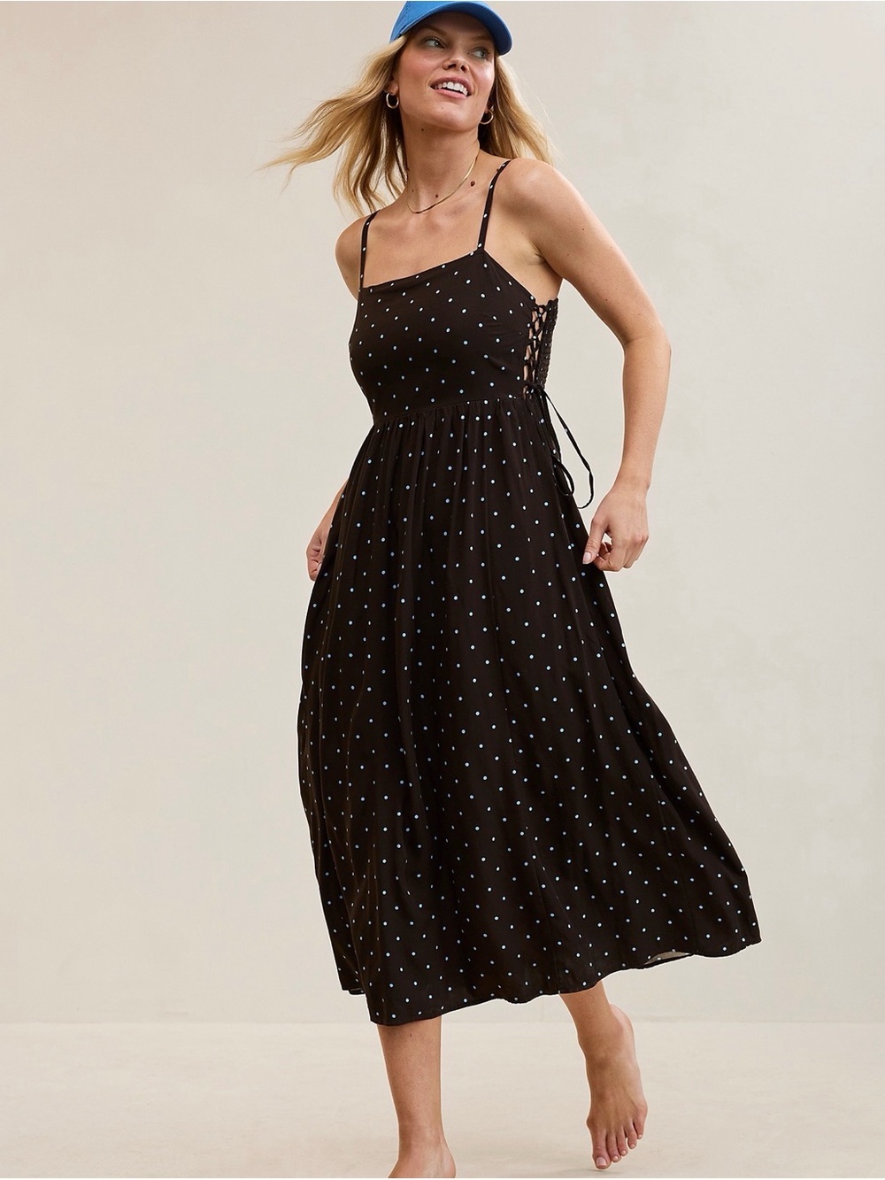 aerie happy & drapey Polka Dot Lace-Up Spaghetti Strap Midi Dress brown